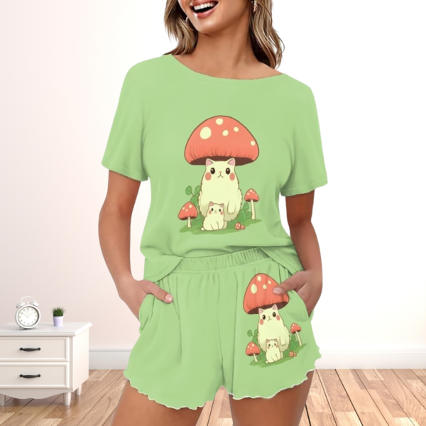 cute-cat-and-mushroom-green-pajama-set